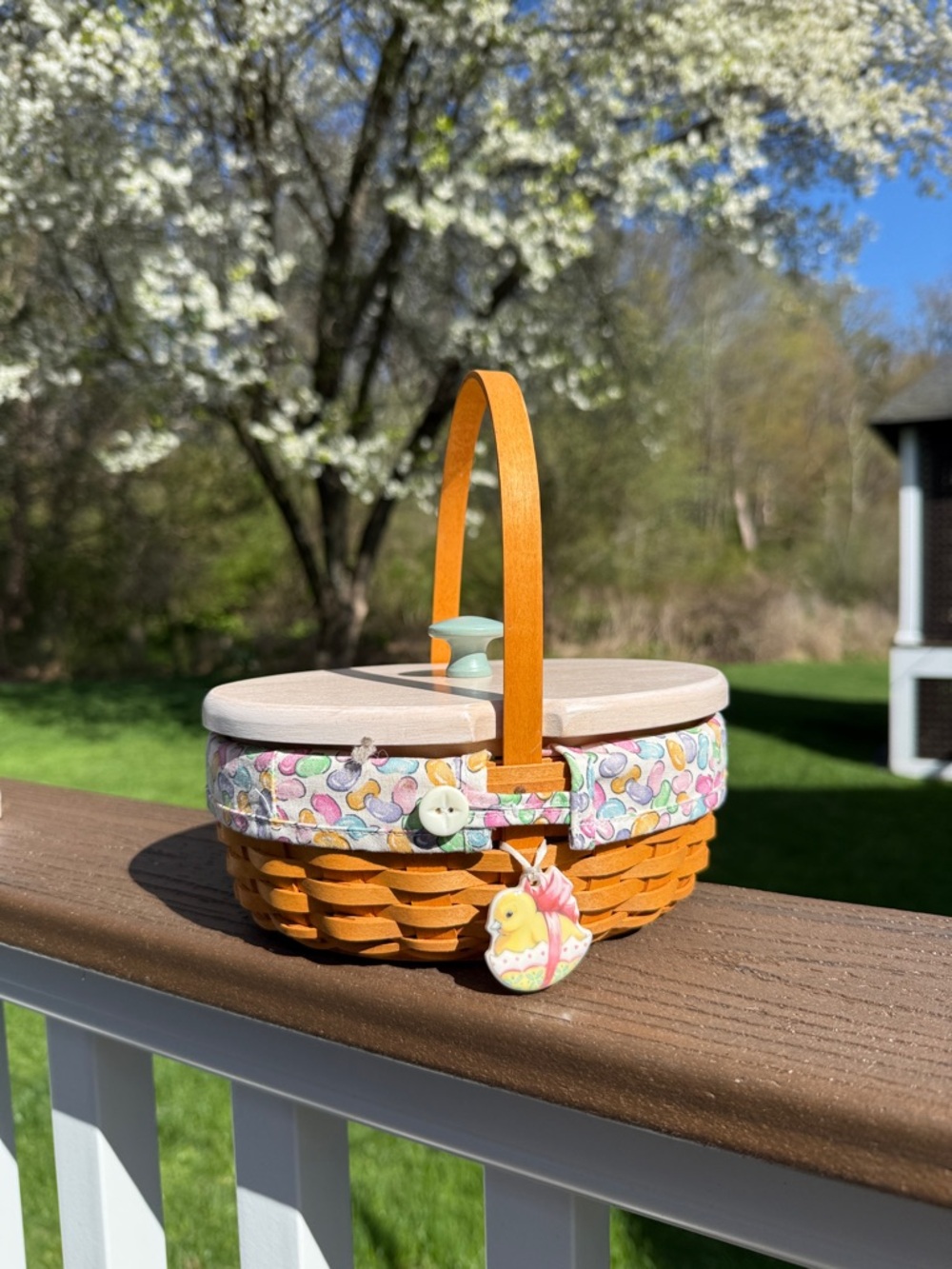 Longaberger Woven Easter Basket with Cream Lid and Pastel Trim
